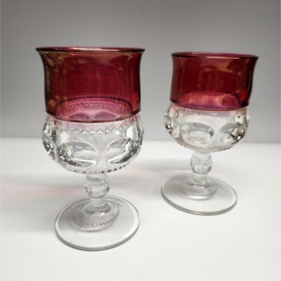 Tiffin Franciscan Cranberry Thumbprint King's Crown Vintage Glass Goblets Set - Picture 2 of 9